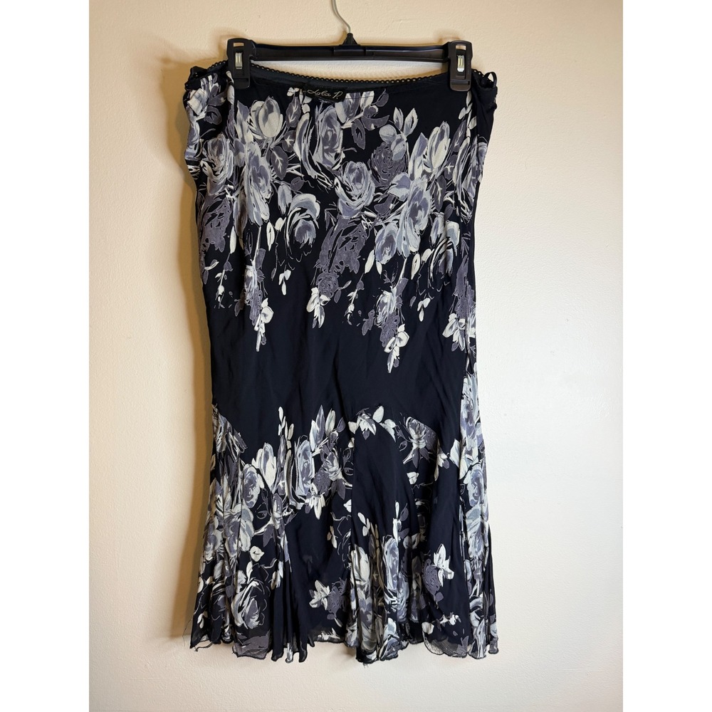 Vtg Lola P Black Purple Floral Whimsygoth Midi Skirt Rayon Large Y2K